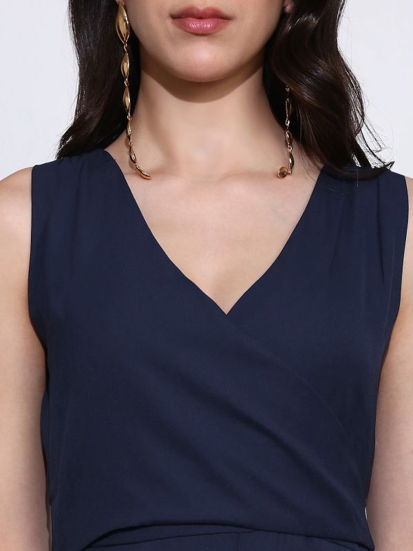 Globus Women Navy Blue Wrap Neck Sleeveless Tie-Up Back Solid Wide Leg Workwear Jumpsuit