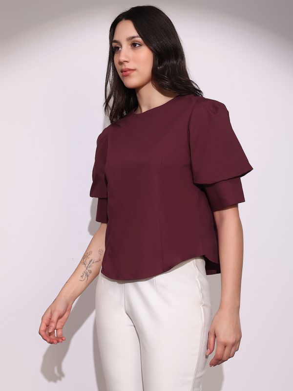 Globus Women Maroon Puff Sleeve Round Neck Back Button Shirt Style Workwear Top