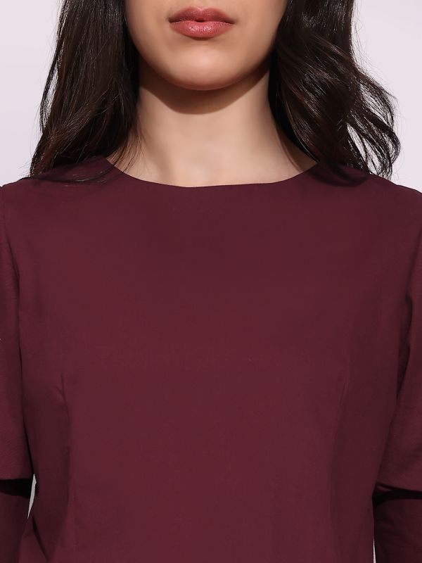 Globus Women Maroon Puff Sleeve Round Neck Back Button Shirt Style Workwear Top