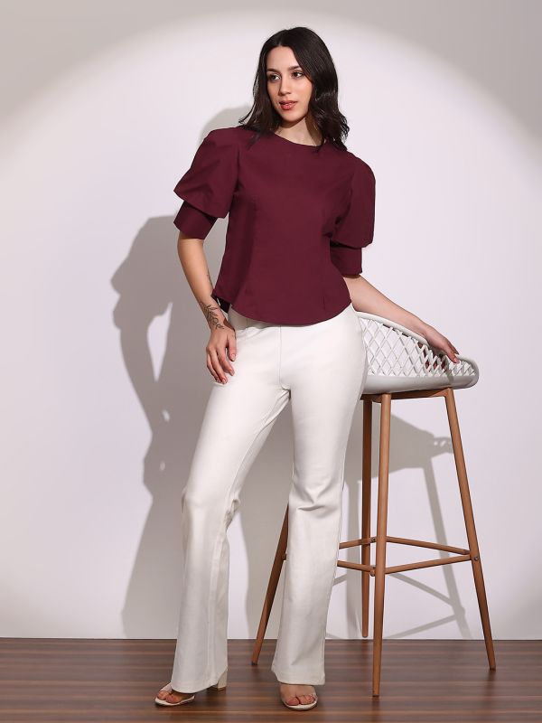 Globus Women Maroon Puff Sleeve Round Neck Back Button Shirt Style Workwear Top