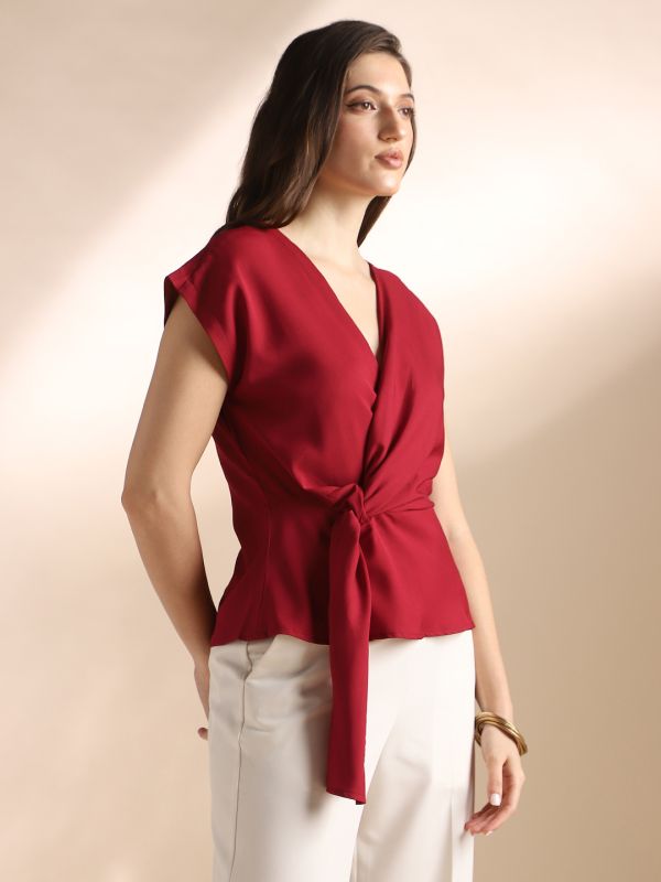 Globus Women Maroon Wrap V-Neck Extended Sleeves Solid Twisted Detail Workwear Top