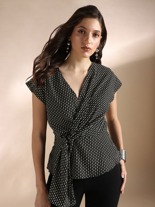 Globus Women Black & White Wrap V-Neck Extended Sleeves Abstract Print Twisted Detail Workwear Top