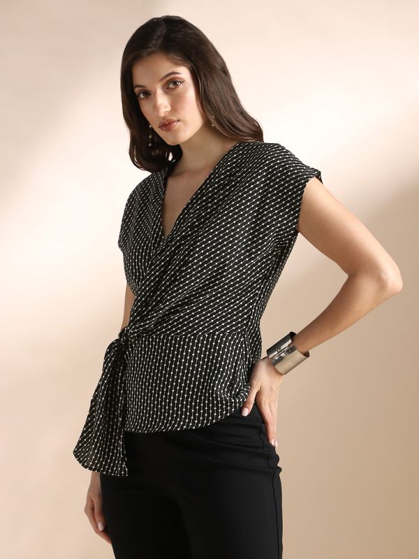 Globus Women Black & White Wrap V-Neck Extended Sleeves Abstract Print Twisted Detail Workwear Top