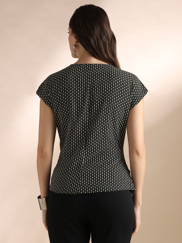 Globus Women Black & White Wrap V-Neck Extended Sleeves Abstract Print Twisted Detail Workwear Top