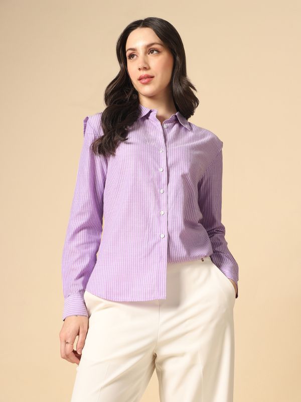 Globus Women Lavender Collared Neck Cuffed Sleeves Vertical Stripes Curved Hem Straight Fit Workwear Shirt