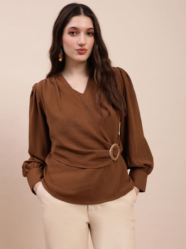Globus Women Brown V-Neck Cuff Sleeves Self Design Buckle Detail Workwear Top