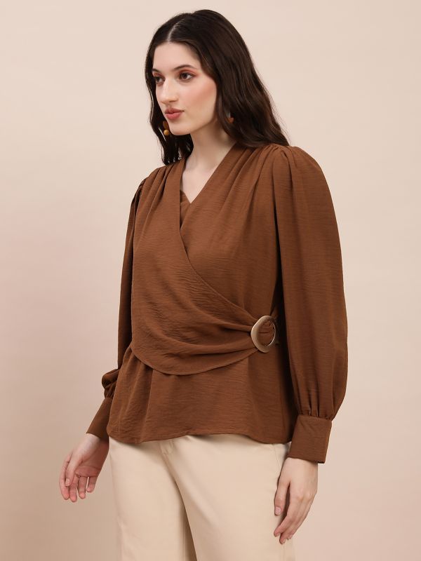 Globus Women Brown V-Neck Cuff Sleeves Self Design Buckle Detail Workwear Top