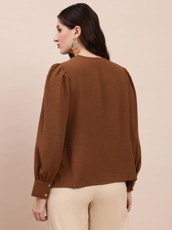 Globus Women Brown V-Neck Cuff Sleeves Self Design Buckle Detail Workwear Top