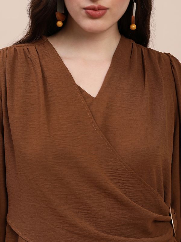 Globus Women Brown V-Neck Cuff Sleeves Self Design Buckle Detail Workwear Top