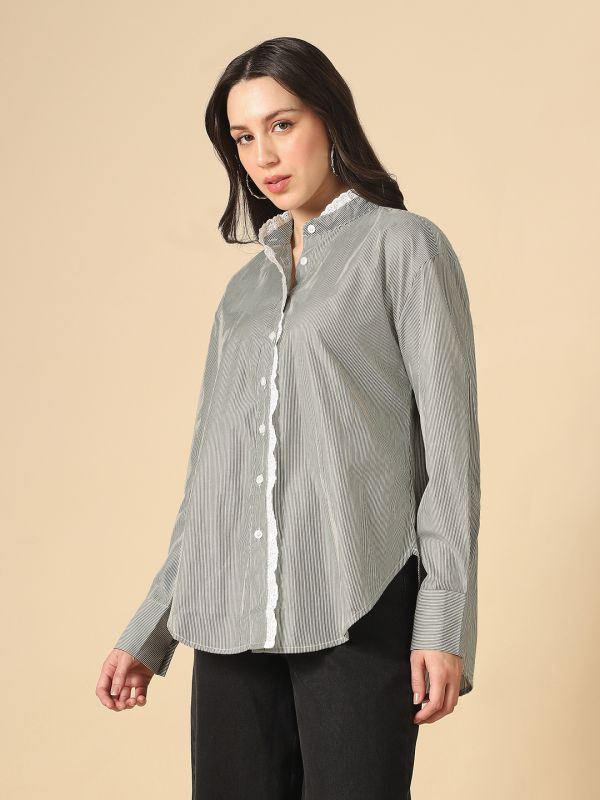 Globus Women Black Mandarin Collar Cuffed Sleeves Vertical Stripes Lace Insert Curved Hem Oversized Workwear Shirt