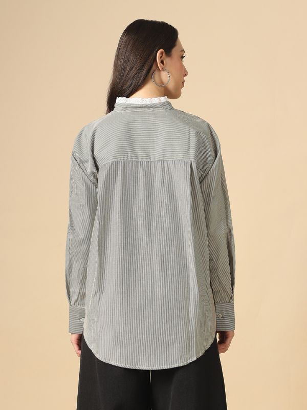Globus Women Black Mandarin Collar Cuffed Sleeves Vertical Stripes Lace Insert Curved Hem Oversized Workwear Shirt