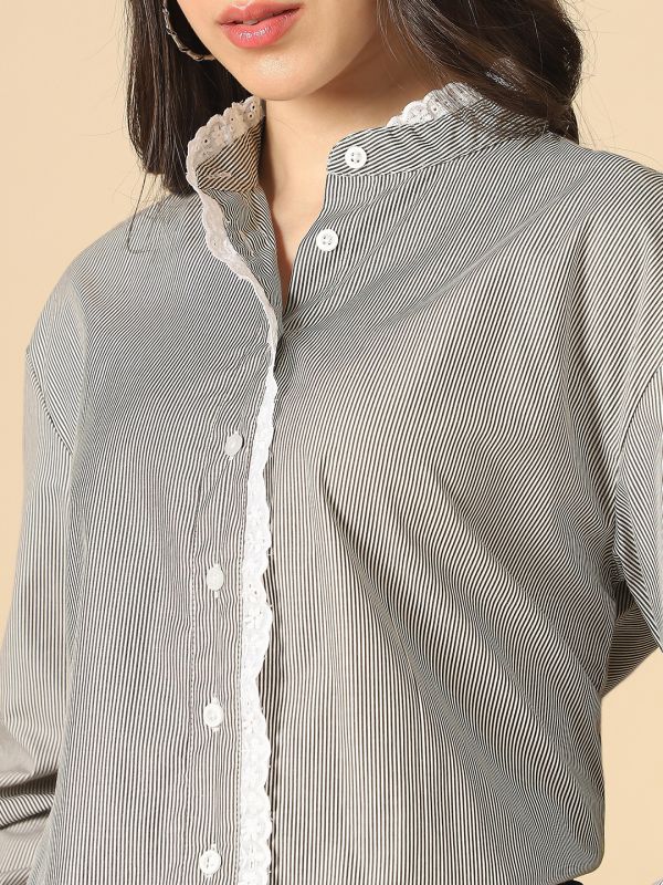 Globus Women Black Mandarin Collar Cuffed Sleeves Vertical Stripes Lace Insert Curved Hem Oversized Workwear Shirt