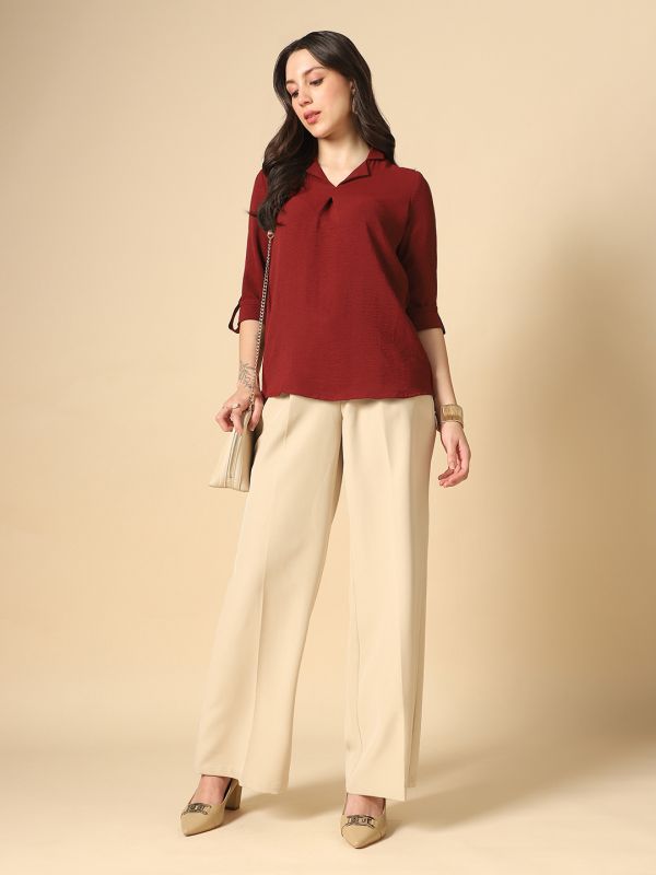 Globus Women Maroon Cuban Collar Roll Up Sleeves Shirt Style Workwear Shirt