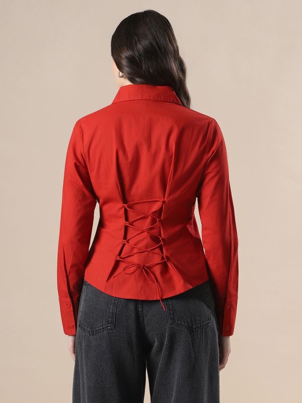 Globus Women Maroon Shirt Collar Cuffed Sleeves Backed Tie-Ups Workwear Shirt