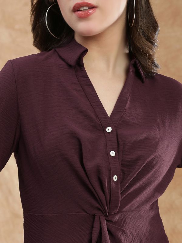 Globus Women Maroon Spread Collar Cuffed Sleeve Twisted Detail Formal Shirt