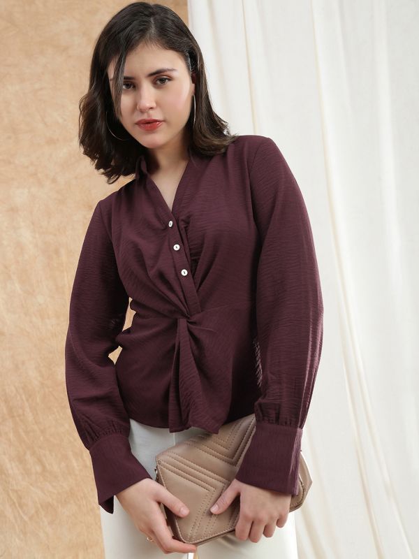 Globus Women Maroon Spread Collar Cuffed Sleeve Twisted Detail Formal Shirt
