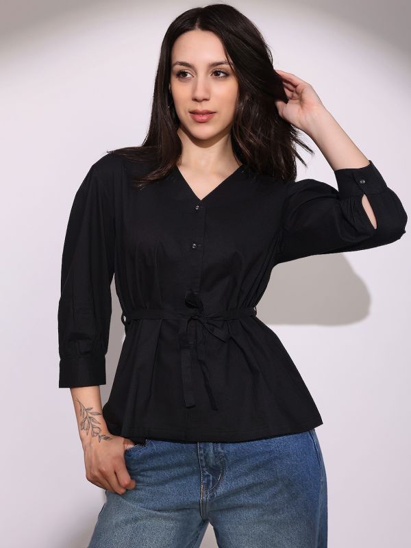 Globus Women Black V-Neck Cuffed Sleeves Tie-Up Detail Workwear Tailored Fit Shirt