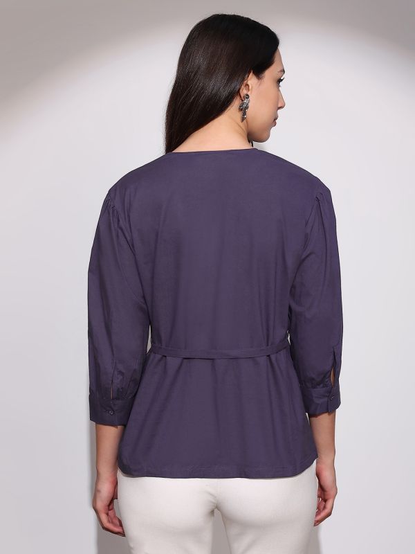 Globus Women Purple V-Neck Cuffed Sleeves Tie-Up Detail Workwear Tailored Fit Shirt