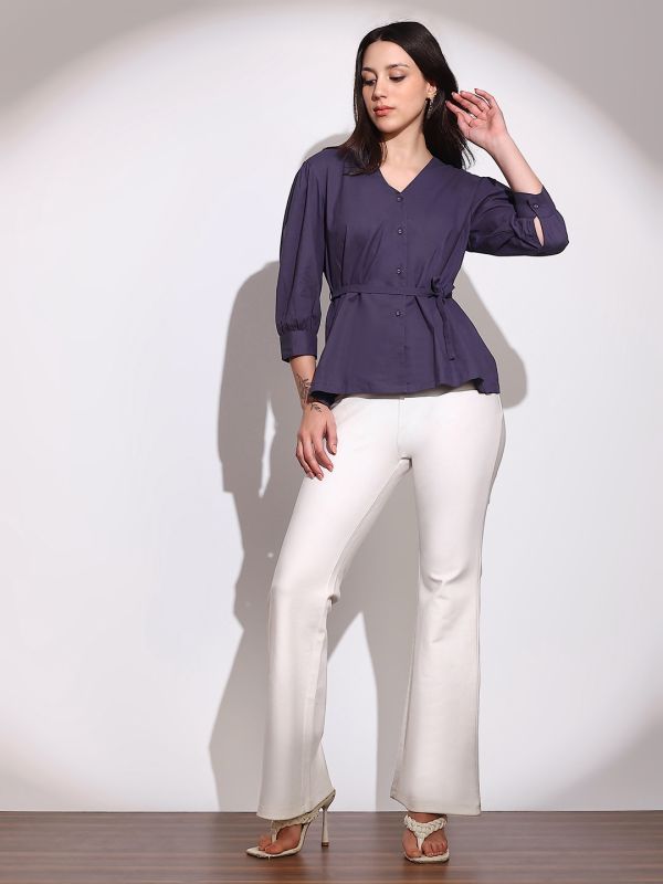 Globus Women Purple V-Neck Cuffed Sleeves Tie-Up Detail Workwear Tailored Fit Shirt