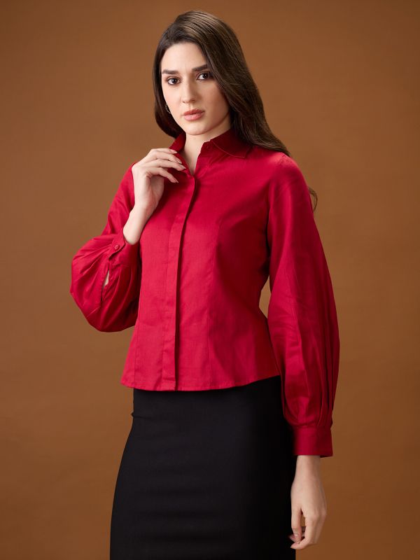 Globus Women Maroon Collared Neck Pleated Cuffed Sleeves Solid Curved Hem Workwear Shirt