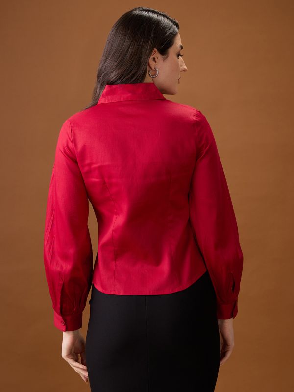 Globus Women Maroon Collared Neck Pleated Cuffed Sleeves Solid Curved Hem Workwear Shirt
