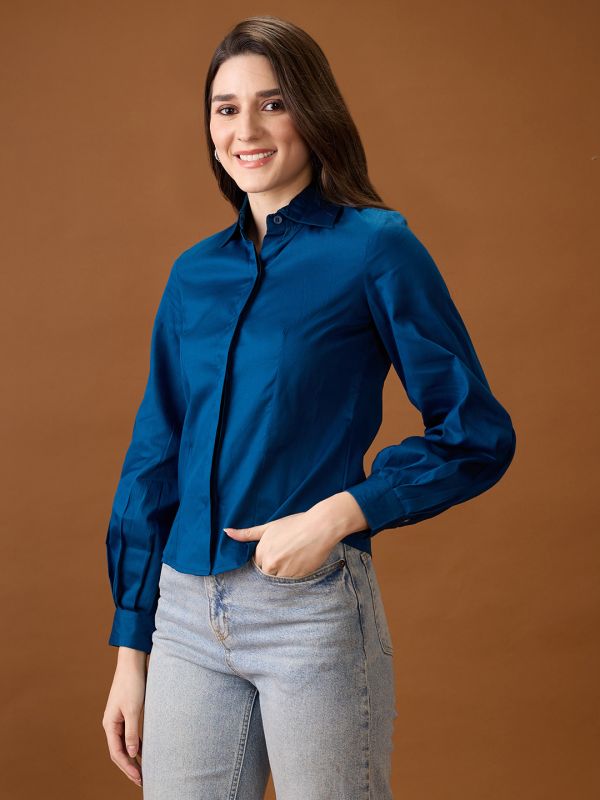 Globus Women Navy Blue Collared Neck Pleated Cuffed Sleeves Solid Curved Hem Workwear Shirt