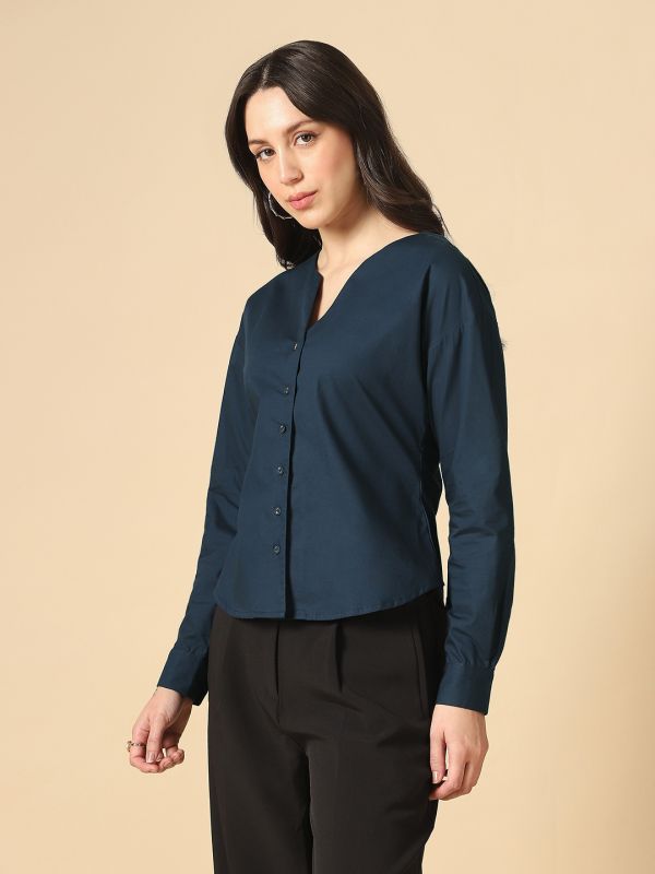 Globus Women Navy Blue V-Neck Cuffed Sleeves Solid Curved Hem Workwear Shirt