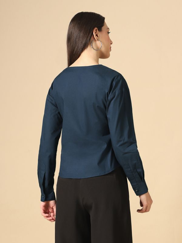 Globus Women Navy Blue V-Neck Cuffed Sleeves Solid Curved Hem Workwear Shirt
