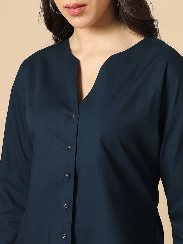 Globus Women Navy Blue V-Neck Cuffed Sleeves Solid Curved Hem Workwear Shirt