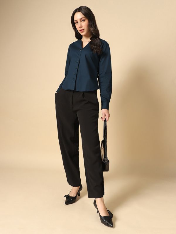 Globus Women Navy Blue V-Neck Cuffed Sleeves Solid Curved Hem Workwear Shirt