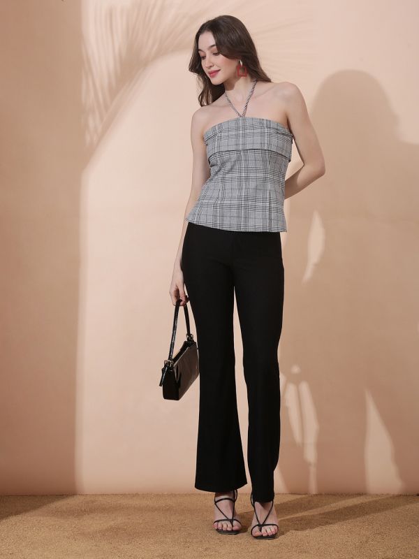 Globus Women Black Checkered Self Design Off Shoulder Back Tie-Up Tube Top