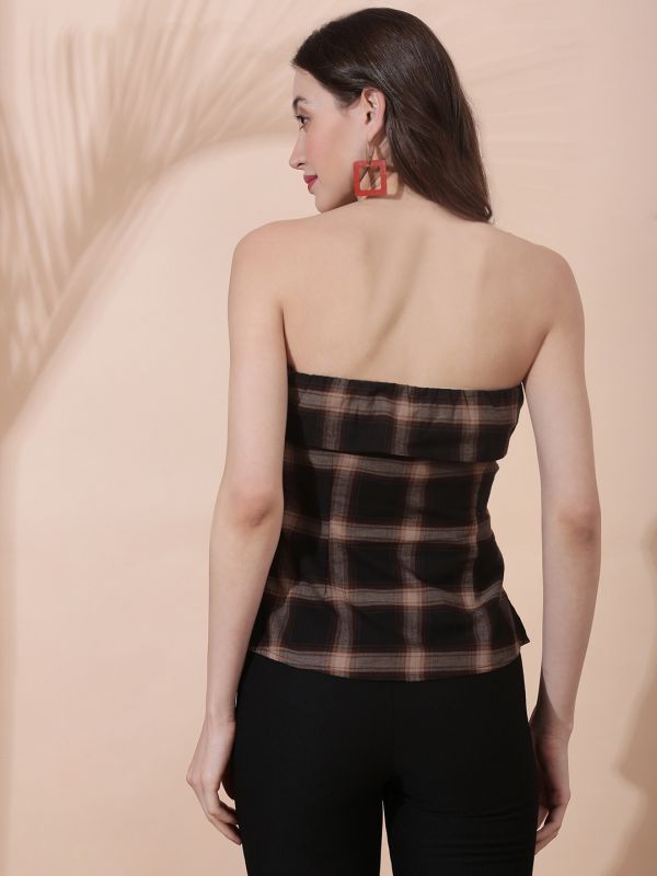 Globus Women Multi Checkered Self Design Off Shoulder Back Tie-Up Tube Top