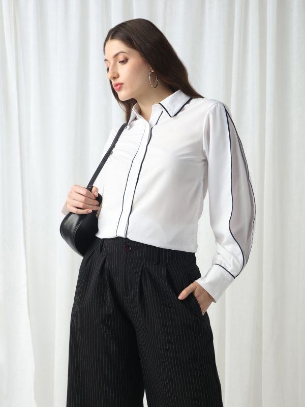 Globus Women White Collared Neck Cuffed Sleeves Piping Detail Workwear Shirt
