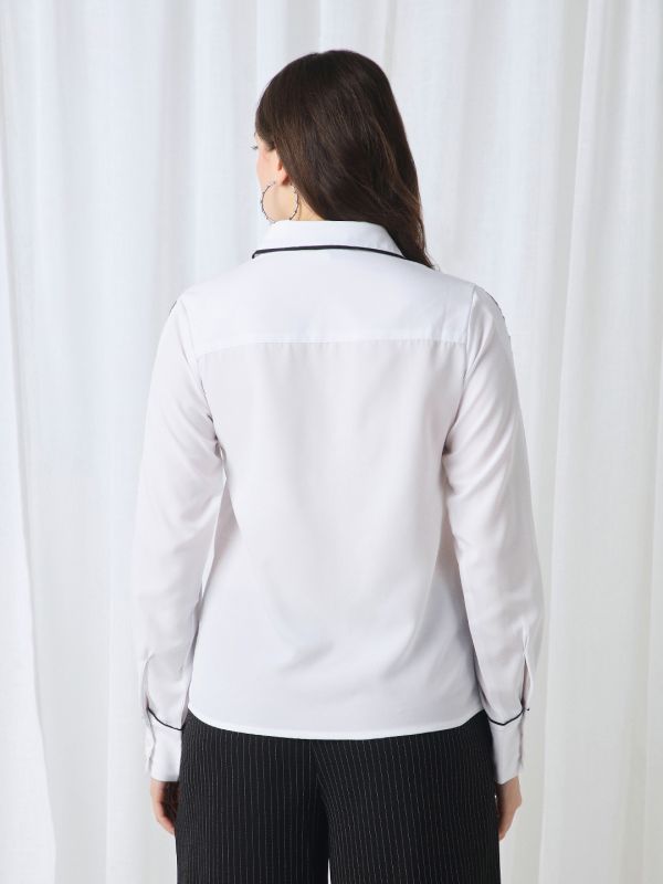 Globus Women White Collared Neck Cuffed Sleeves Piping Detail Workwear Shirt