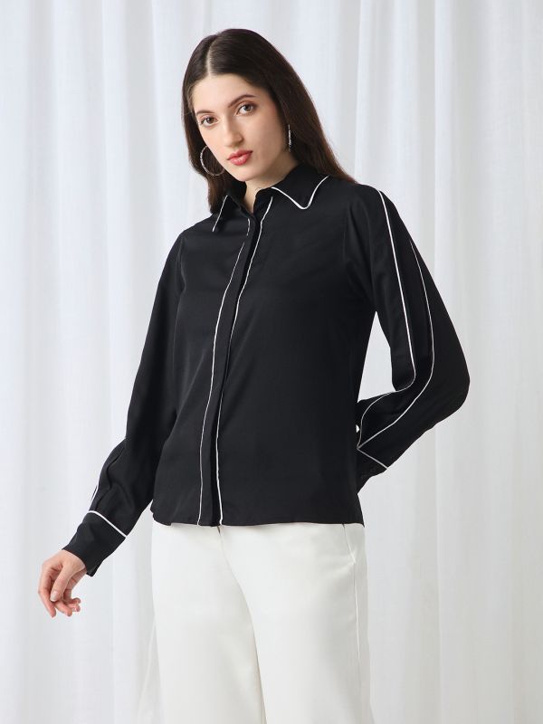 Globus Women Black Collared Neck Cuffed Sleeves Piping Detail Workwear Shirt