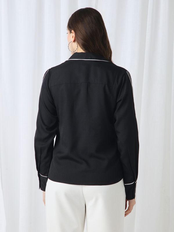Globus Women Black Collared Neck Cuffed Sleeves Piping Detail Workwear Shirt
