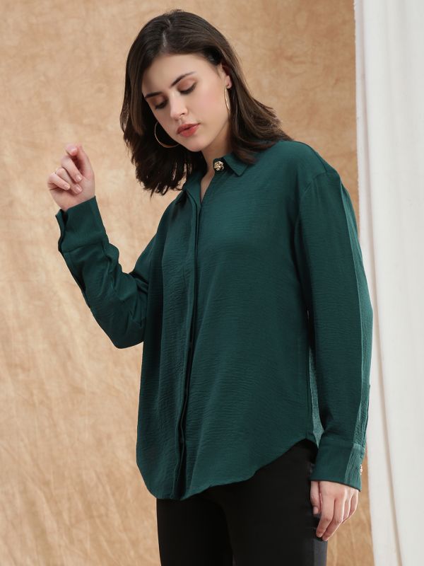 Globus Women Teal Spread Collar Cuffed Sleeve Curved Hem Oversized Formal Shirt