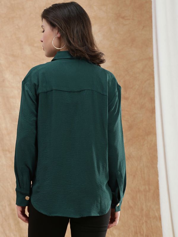 Globus Women Teal Spread Collar Cuffed Sleeve Curved Hem Oversized Formal Shirt
