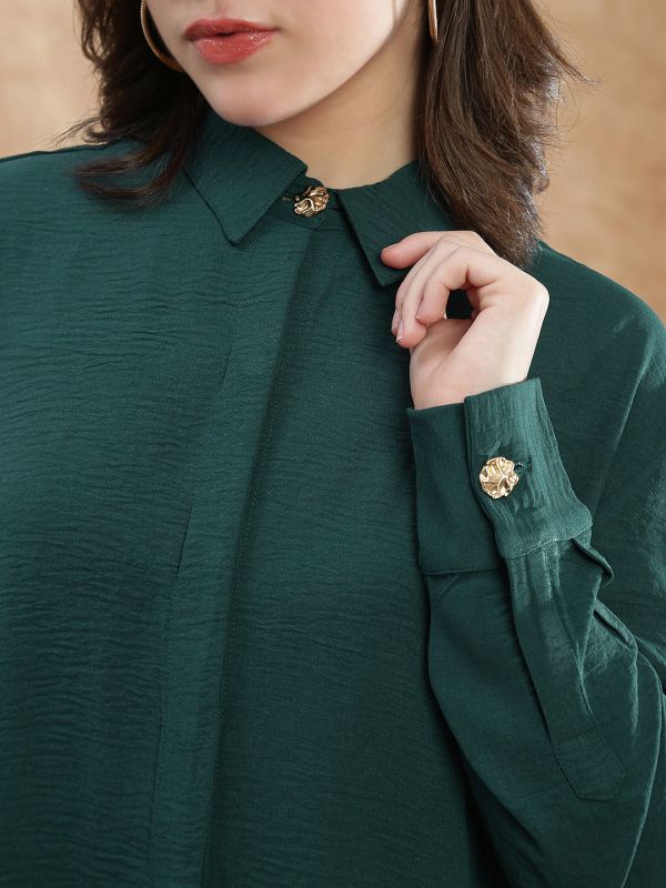 Globus Women Teal Spread Collar Cuffed Sleeve Curved Hem Oversized Formal Shirt