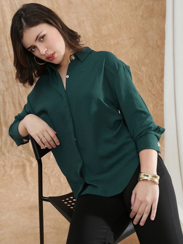 Globus Women Teal Spread Collar Cuffed Sleeve Curved Hem Oversized Formal Shirt