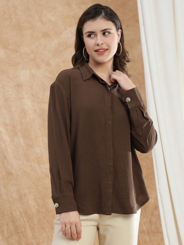 Globus Women Brown Spread Collar Cuffed Sleeve Curved Hem Oversized Formal Shirt