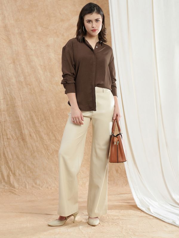 Globus Women Brown Spread Collar Cuffed Sleeve Curved Hem Oversized Formal Shirt