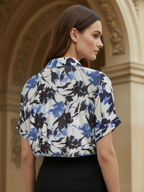 Globus Women Blue Floral Print Collared V-Neck Extended Sleeves Pleated Detail Top