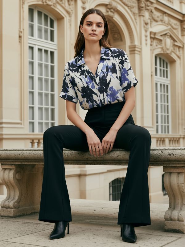 Globus Women Blue Floral Print Collared V-Neck Extended Sleeves Pleated Detail Top
