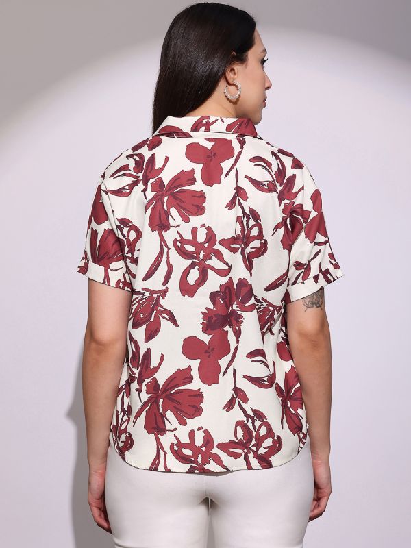 Globus Women Red Floral Print Collared V-Neck Short Sleeves Gathered & Pleat Detail Curved Hem Top
