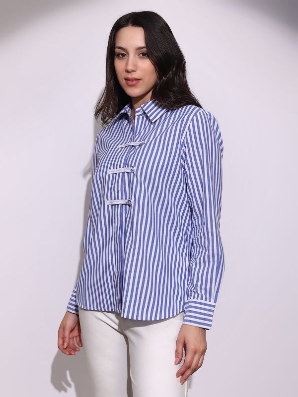 Globus Women Blue Striped Collared Neck Cuffed Sleeves Chinese Tab Oversized Workwear Shirt