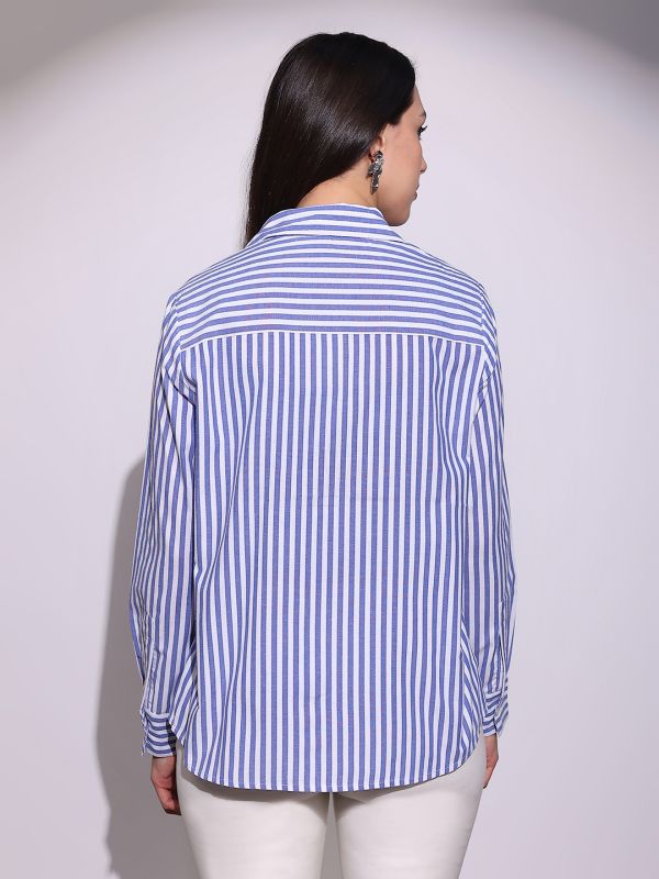 Globus Women Blue Striped Collared Neck Cuffed Sleeves Chinese Tab Oversized Workwear Shirt