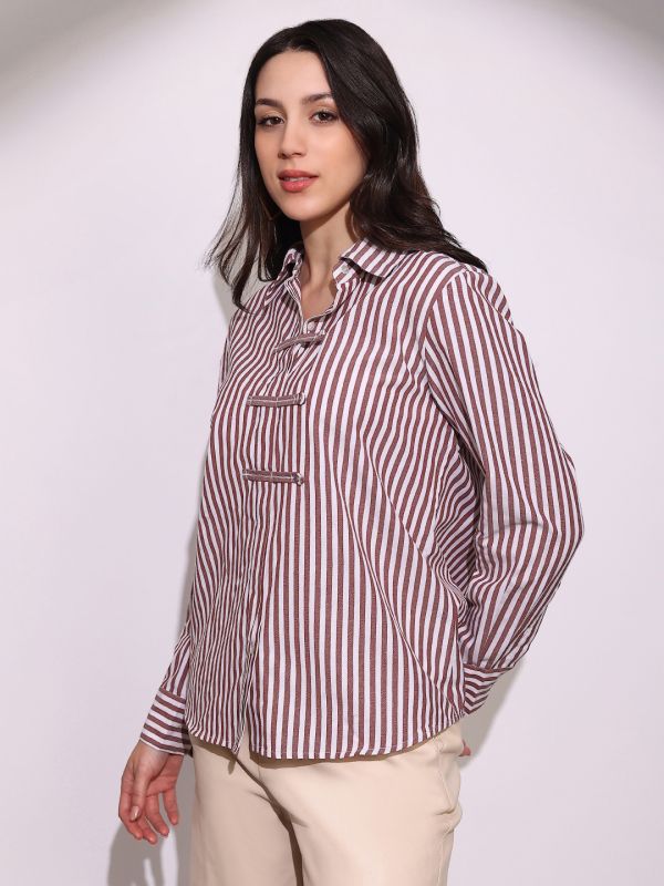 Globus Women Brown Striped Collared Neck Cuffed Sleeves Chinese Tab Oversized Workwear Shirt