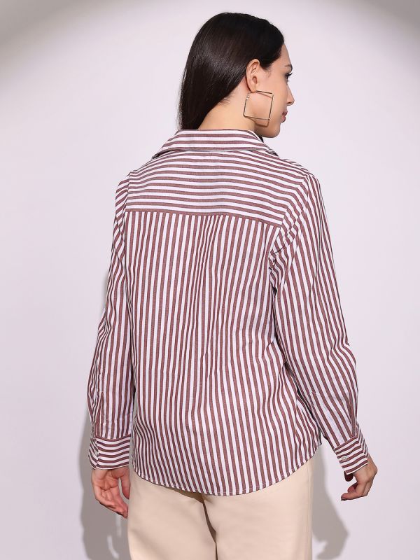 Globus Women Brown Striped Collared Neck Cuffed Sleeves Chinese Tab Oversized Workwear Shirt