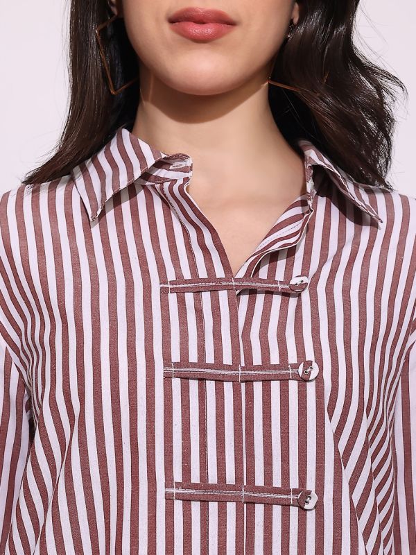 Globus Women Brown Striped Collared Neck Cuffed Sleeves Chinese Tab Oversized Workwear Shirt